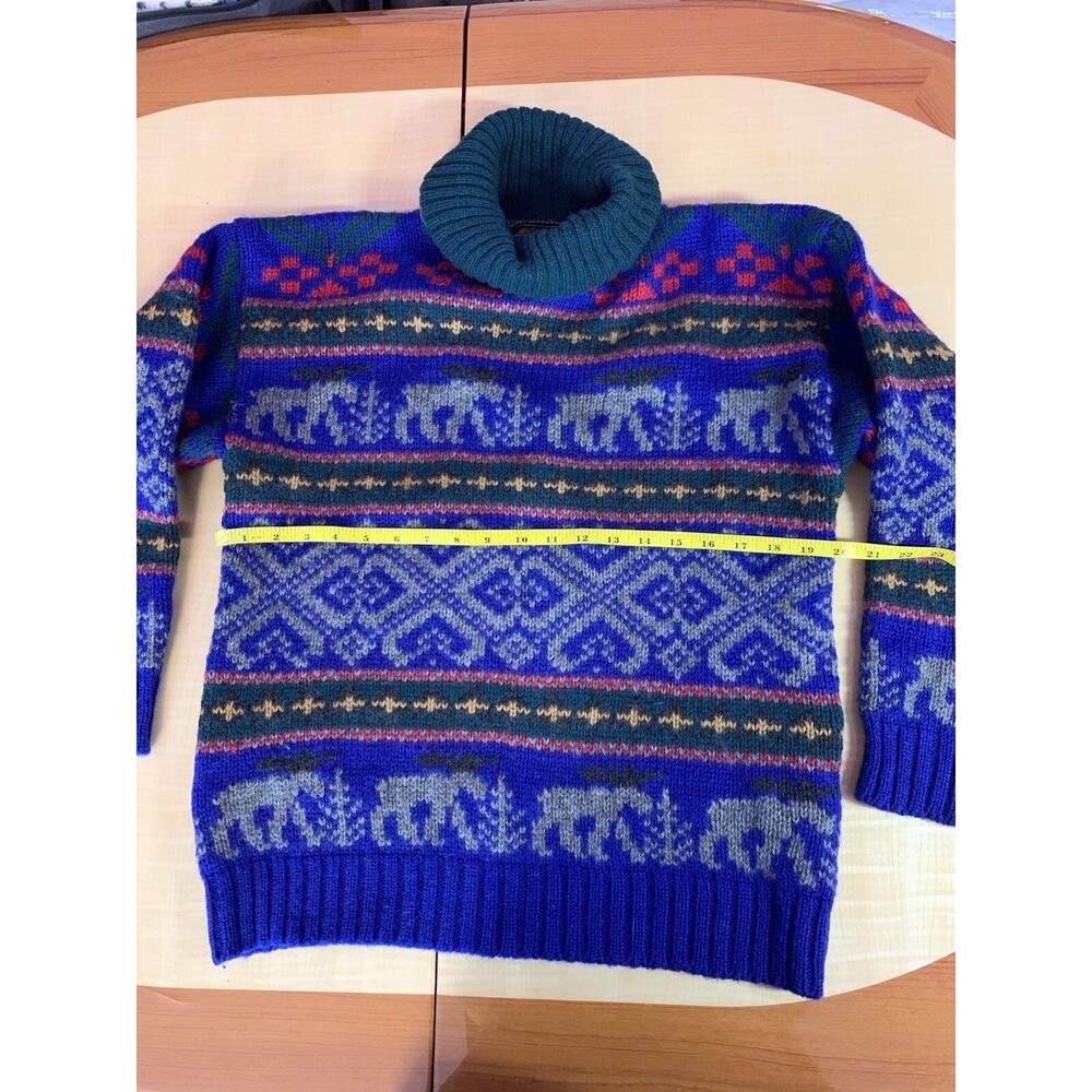 Eddie Bauer Sweater Pullover Vintage Wool turtleneck Deer Animals Geometric Aran - Picture 12 of 16